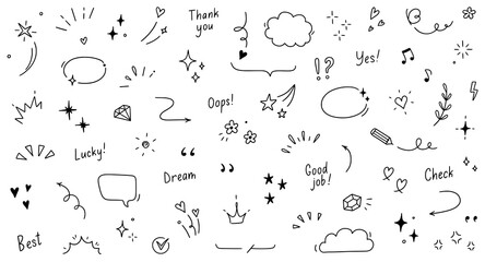 Doodle cute heart, glitter pen line elements. Doodle heart, arrow, star, sparkle decoration symbol set icon. Simple sketch line style emphasis, glitter star, pattern elements. Vector illustration.