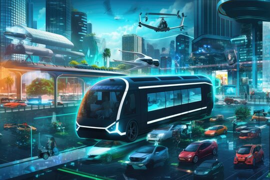 Urban mobility future - tram, metro, subway in futuristic city. Generative AI.
