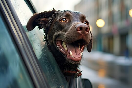 happy dog with head out of the car window having fun. Generative AI.