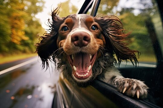 happy dog with head out of the car window having fun. Generative AI.