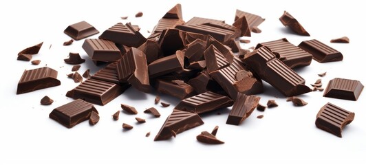 Food photography - Closeup of pieces fragment of dark brown chocolate falling, isolated on white background (Generative Ai)