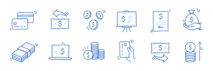 Money cash, coin business doodle icon set. Dollar coin, money profit doodle line sketch business inflation, cash payment. Financial profit, growth icon. Outline editable stroke. Vector illustration