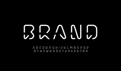 Technical smart font, digital alphabet, uppercase Latin letters from A to Z and Arab numbers from 0 to 9, vector illustration 10EPS