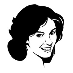 Woman Face Silhouette. Black and white smiling girl portrait. Vector clipart isolated on white.