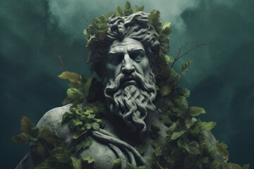 Marble statue of greek god Zeus with ivy. Generative AI - obrazy, fototapety, plakaty