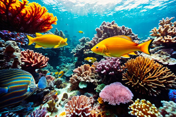 Underwater view of vibrant coral reefs and exotic marine life with beautiful natural ocean background. Wildlife concept of ecological environment. Generative AI