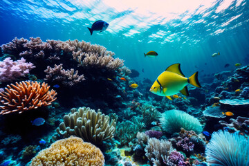 Obraz na płótnie Canvas Underwater view of vibrant coral reefs and exotic marine life with beautiful natural ocean background. Wildlife concept of ecological environment. Generative AI