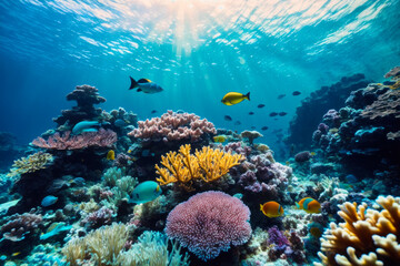 Underwater view of vibrant coral reefs and exotic marine life with beautiful natural ocean background. Wildlife concept of ecological environment. Generative AI