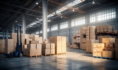 Storehouse interior with stacked cardboard boxes on tall metal racks