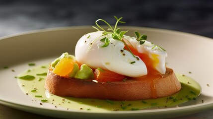 poached egg with leaking yolk, protein healthy food, egg benedict keto diet recipe, low calorie breakfast toast, Generative AI
