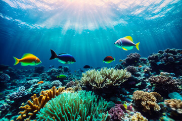 Naklejka na ściany i meble Underwater view of vibrant coral reefs and exotic marine life with beautiful natural ocean background. Wildlife concept of ecological environment. Generative AI