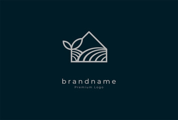 Fototapeta premium Green house Logo, minimalist house with leaf and agricultural land in line art logo style, vector illustration