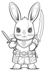 Obraz na płótnie Canvas Rabbit holding a sword. Black and white illustration for coloring book