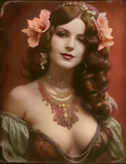 Fototapeta premium Lady Portrait Burlesque Showgirl Vintage Black and White Colorized Version Generated AI Photography Color Faces of People Antique Old Photos Woman Smiles Smiling Sensual Makeup Female Model