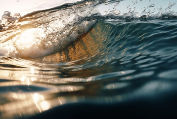 Closeup of beautiful blue ocean surfing wave in sunset. Generative AI
