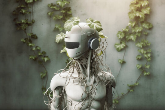 Alien of the future in virtual reality glasses on a background with leafs. Game, virtual reality. Future technologies. Generative AI