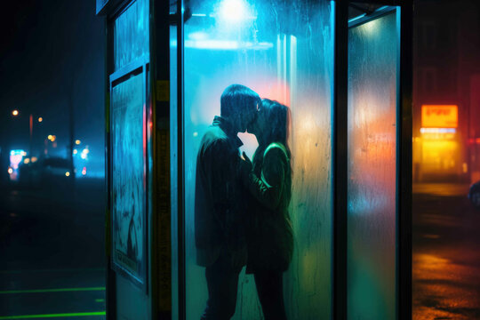 Intimate Moment in a Neon-Lit Phone Booth. Generative AI