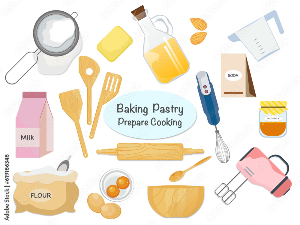 Wall mural set of baking ingredients, products, and kitchen tools for each baking recipe - vector illustration.