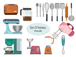 Kitchen set in vector style of cooking tools, electric equipment toaster Meat grinder, blender, cute kitchen utensils collection.
