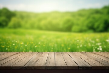 Beautiful spring green meadow background with empty wooden table for product display Generative AI