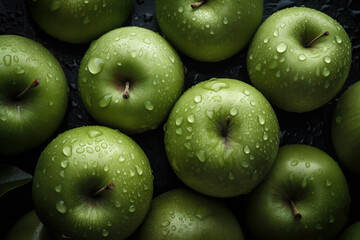 Fresh Apple seamless background, adorned with glistening droplets of water. Top down view. AI Generated