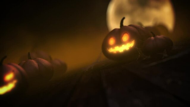 Pumpkin halloween background with mysterious pumpkin face and full moon