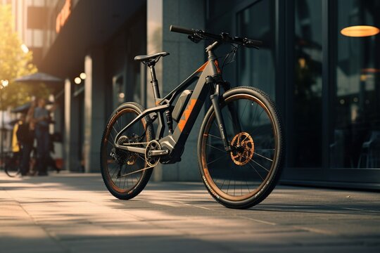 Bike parked against a city bike rack Generative AI	