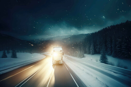 Glistening Ice Road Trucking under Northern Lights. Generative AI