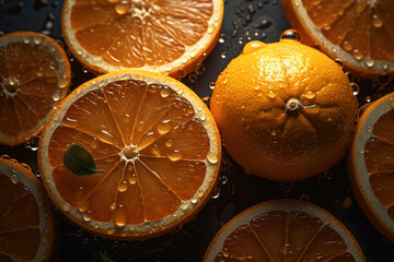 Fresh Orange seamless background, adorned with glistening droplets of water. Top down view. AI Generated