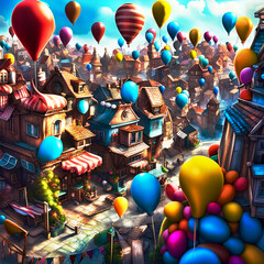 Whimsical town filled with balloons. Edited AI generated image - 619187329