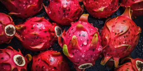Fresh Pitahaya seamless background, adorned with glistening droplets of water. Top down view. AI Generated
