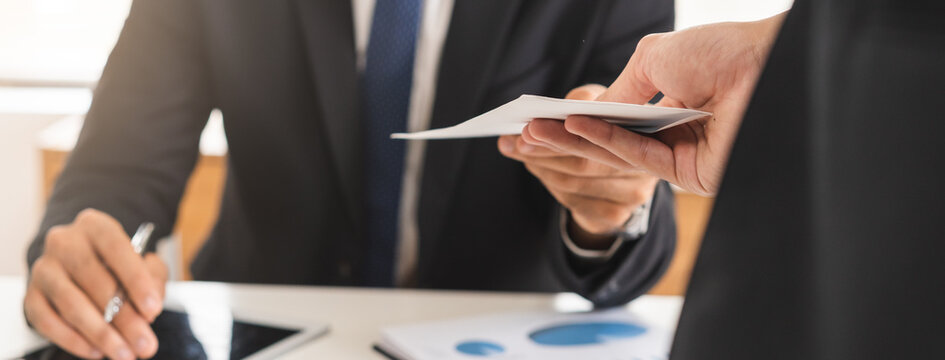 Good job, asian manager man giving financial reward in an envelope, business letter extra salary to company employee, caucasian male worker office hand received premium bonus, getting cheque from boss