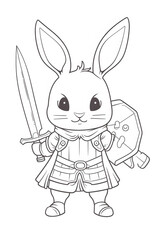Fototapeta na wymiar Rabbit holding a sword. Black and white illustration for coloring book