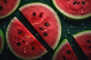 Fresh Watermelon seamless background, adorned with glistening droplets of water. Top down view. AI Generated