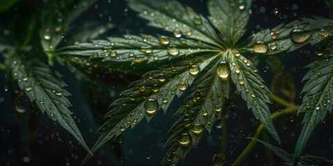 Obraz premium ganja seamless background, visible drops of water, overhead angle. AI Generated