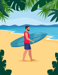 Obraz na płótnie Canvas Young man walks with a surfboard towards the sea. Vector illustration.