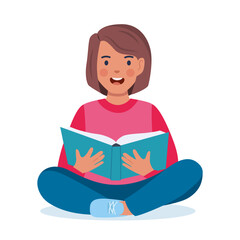 Girl sitting on the floor and reading book. Book lover, reader. Happy kid seating in lotus pose with opened book. Vector illustration.