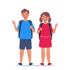 Couple of boy and girl. Portrait of happy school children with backpacks. Two kids standing together. Back to school. Vector illustration.