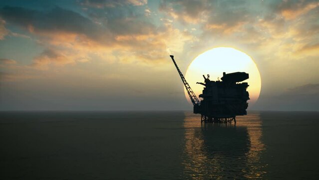 Offshore oil platform in the ocean at sunrise background looped
