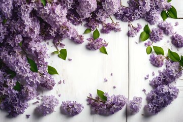 Romantic floral composition with loosely arranged lilac flowers on a rustic white wooden background, spring, gardening or Mother's Day concept, top view flat lay Generative AI