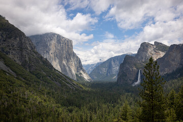 Breathtaking Yosemite Valley and Bridalveil Fall during spring run off at the National Park
