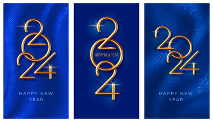 2024 New Year greeting cards, vertical banners template set. Original composition with 3d realistic, glossy thin golden metallic numbers 2024 on sparkling luxury blue background. Vector illustration