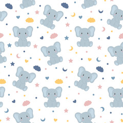 Seamless pattern with a cute elephant. Baby decor elements. Nice trendy colors. Stars, moon, cloud, hearts, circles. Children's room prints, baby showers, notepads, bedding and wallpaper. Vector