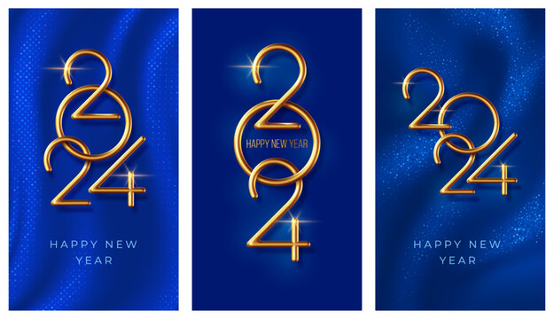2024 New Year greeting cards, vertical banners template set. Original composition with 3d realistic, glossy thin golden metallic numbers 2024 on sparkling luxury blue background. Vector illustration
