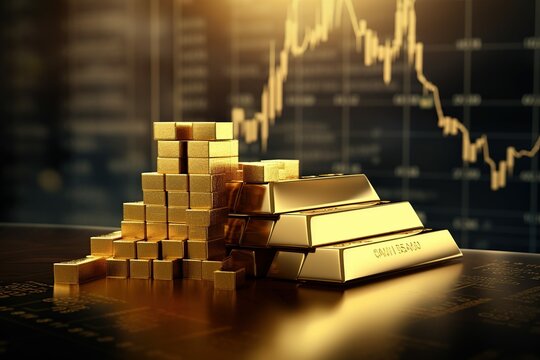 Gold bar resting on a stocks and shares graph representing investment  ,Generative AI	