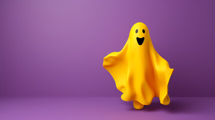 Excited yellow ghost sprinting, playful Halloween character on a vibrant background, space for text, generative ai