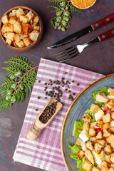 top view tasty caesar salad with rusks on the dark desk salad food meal lunch vegetables