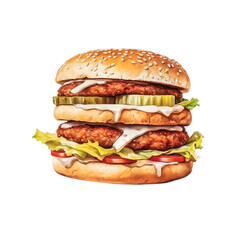 Tasty double hamburger with beef cutlet, vegetables, onions, lettuce, and tomato isolated on transparent background, png cutout, Generative AI