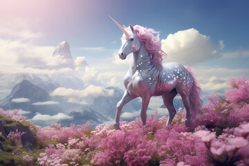 Magic unicorn in fantastic world with fluffy clouds and fairy meadows Generative AI	