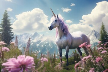 Obraz na płótnie Canvas Magic unicorn in fantastic world with fluffy clouds and fairy meadows Generative AI 